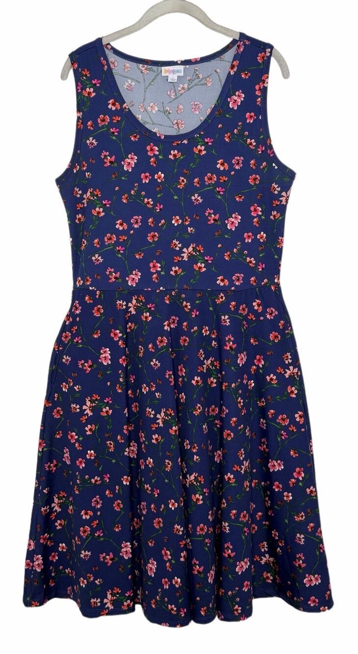 LuLaRoe Nikki Blue Pink Floral Tank Fit & Flare Stretch Dress Size Large